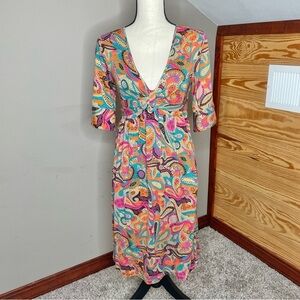 Vintage Lilly Pulitzer 100% Silk Multicolor Paisley V-Neck Knee Length Dress 6